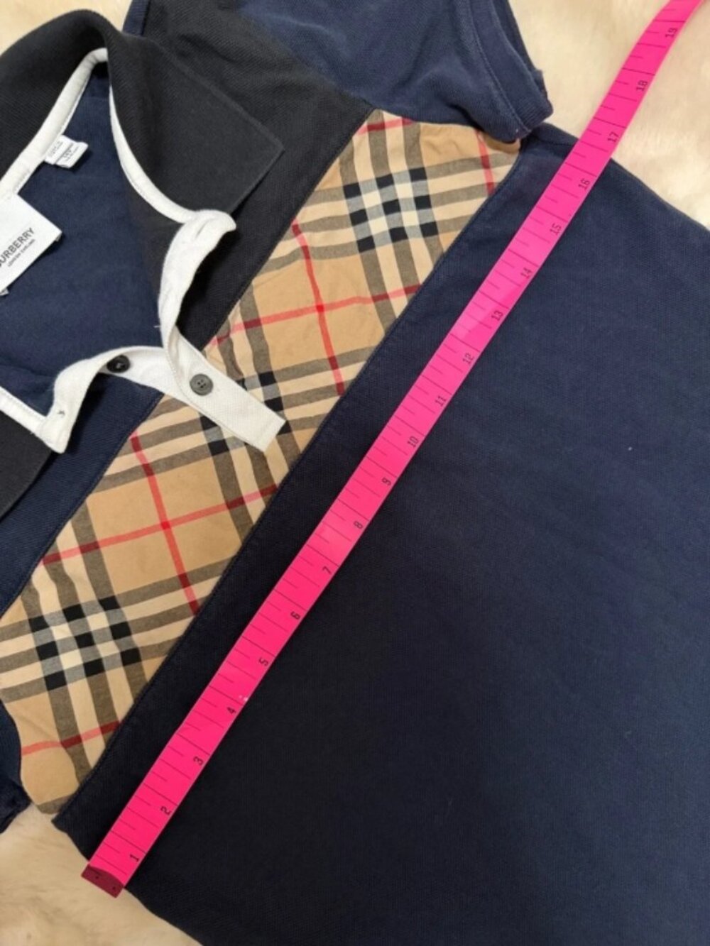 Authentic Burberry Kids Navy Iconic Check Panel Polo Shirt Boys 14 - Picture 5 of 7